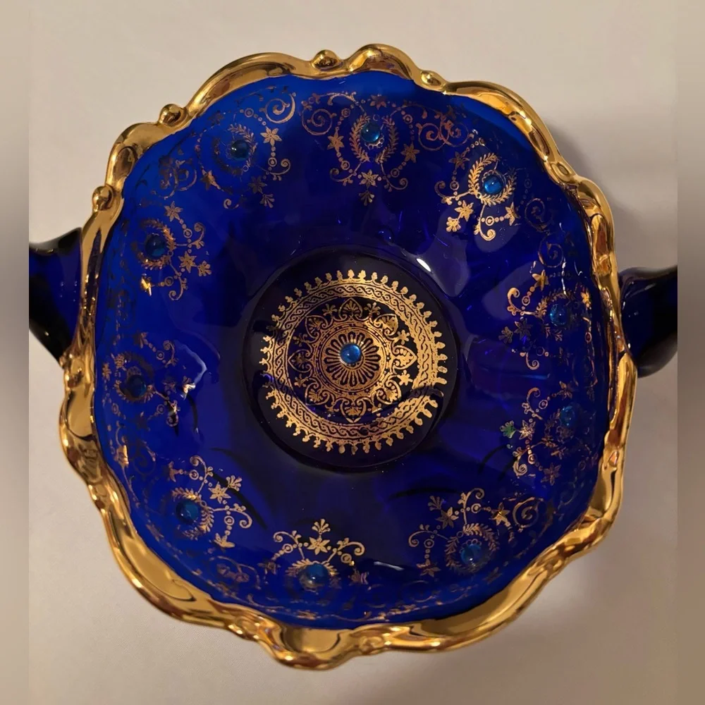 Gorgeous 1960’s Cobalt Blue Glass Basket w/Gold Gilded Decor&Cobalt Blue Beading